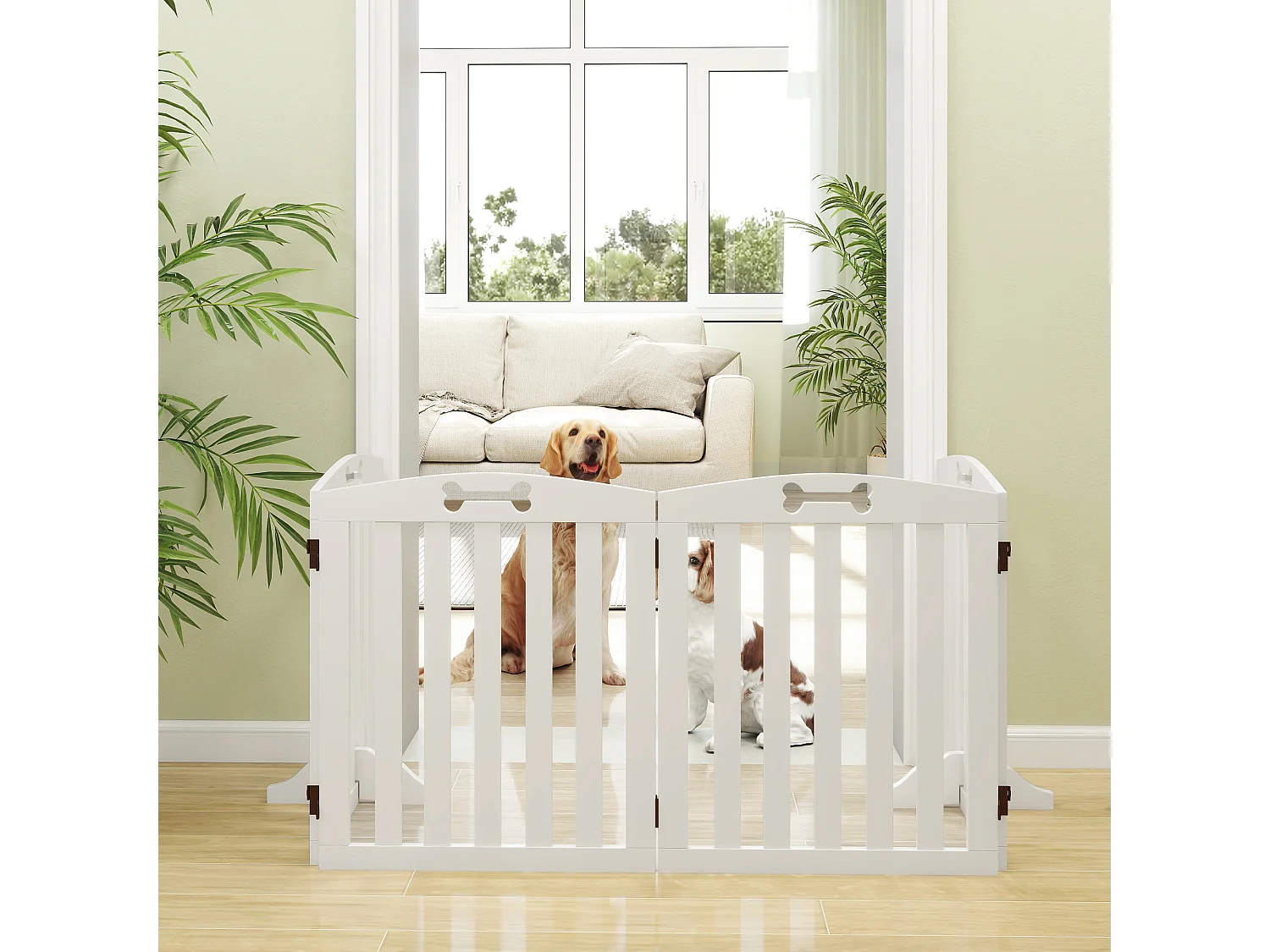 Barrière de sécurité chien pliable adaptable motif os - piètement support antidérapant - 207 x 30 x 61 cm - MDF blanc