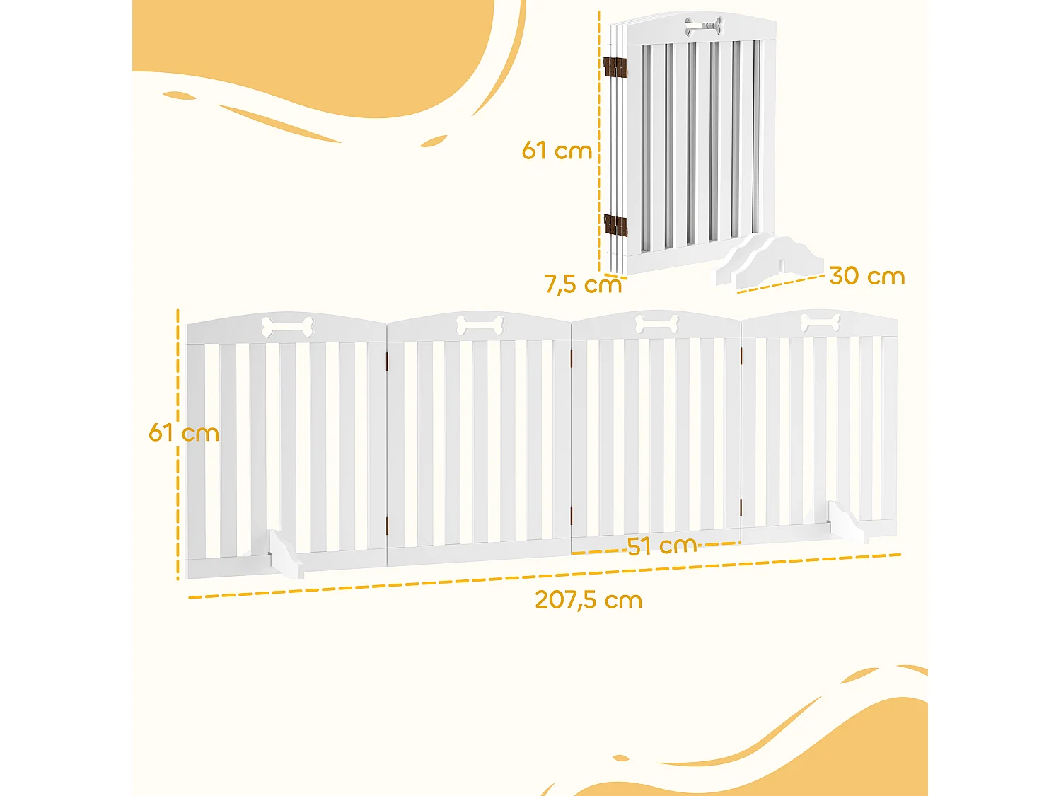 Barrière de sécurité chien pliable adaptable motif os - piètement support antidérapant - 207 x 30 x 61 cm - MDF blanc