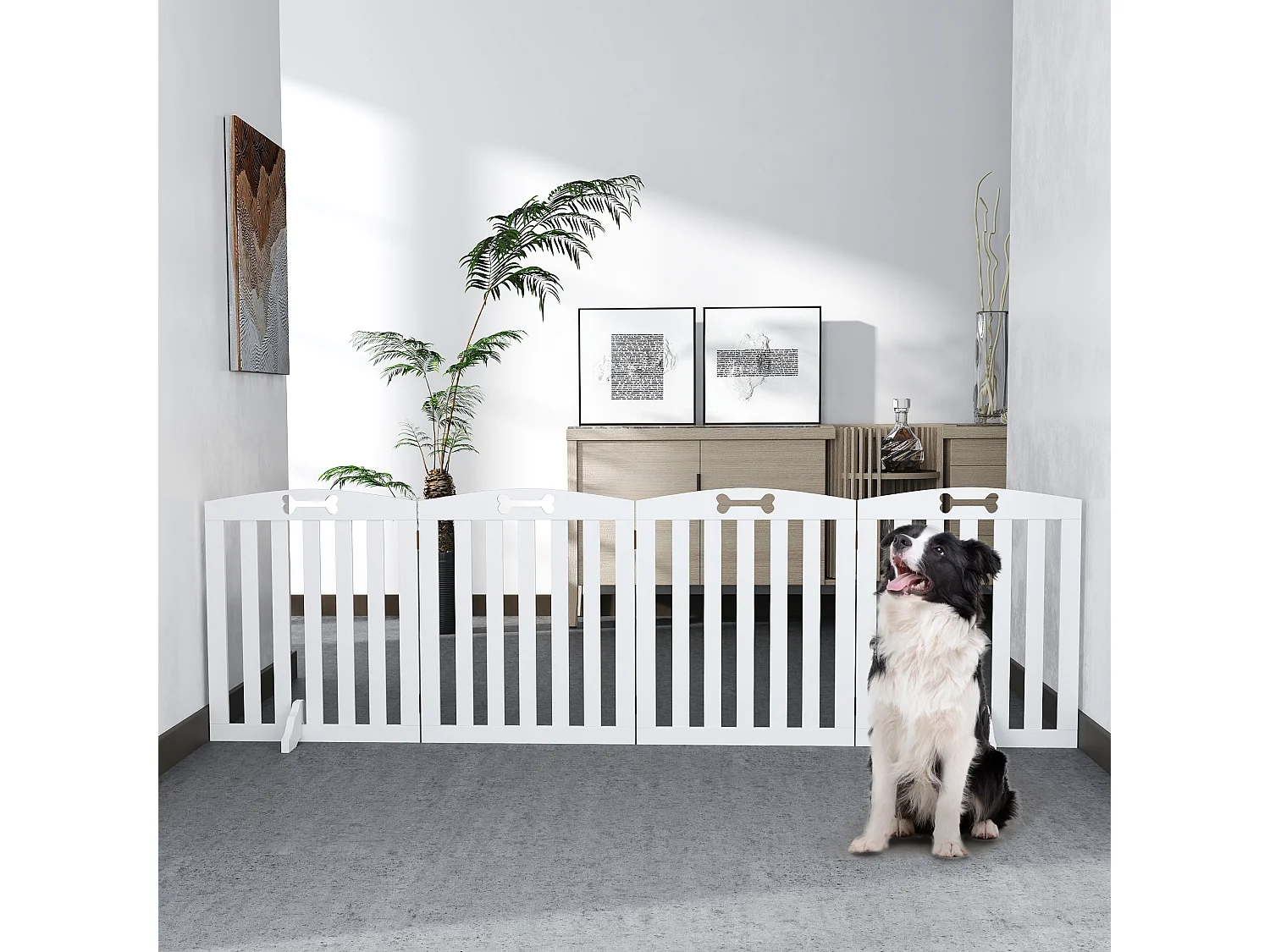 Barrière de sécurité chien pliable adaptable motif os - piètement support antidérapant - 207 x 30 x 61 cm - MDF blanc