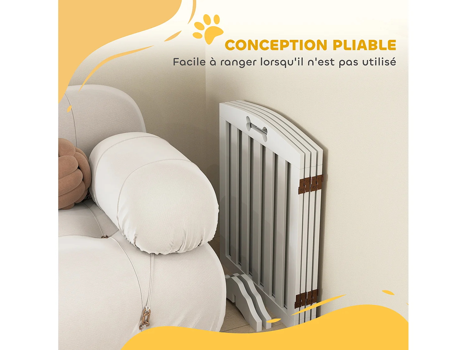 Barrière de sécurité chien pliable adaptable motif os - piètement support antidérapant - 207 x 30 x 61 cm - MDF blanc