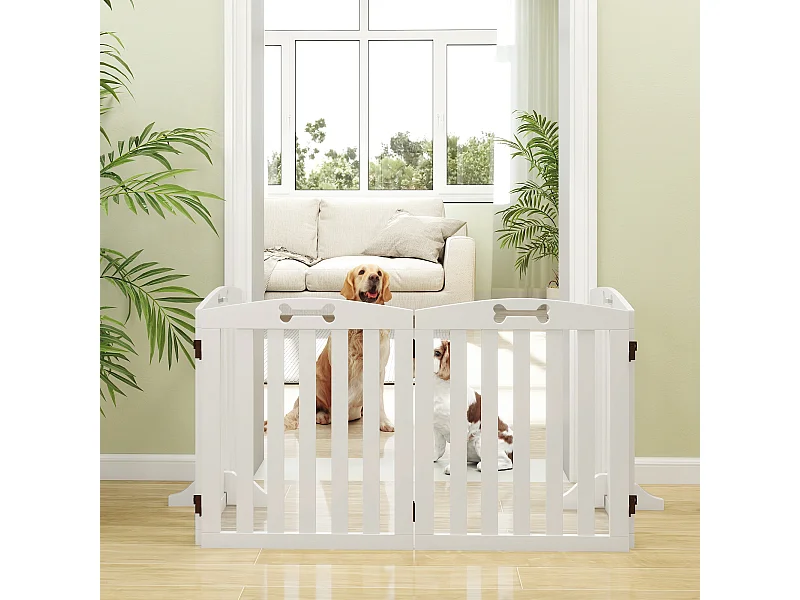 Barrière de sécurité chien pliable adaptable motif os - piètement support antidérapant - 207 x 30 x 61 cm - MDF blanc