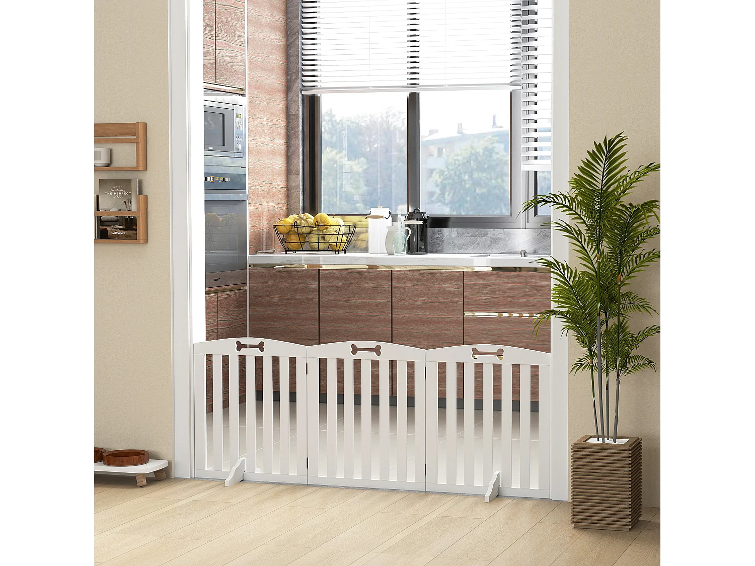 Barrière de sécurité chien pliable adaptable motif os - piètement support antidérapant - 155 x 30 x 61 cm - MDF blanc