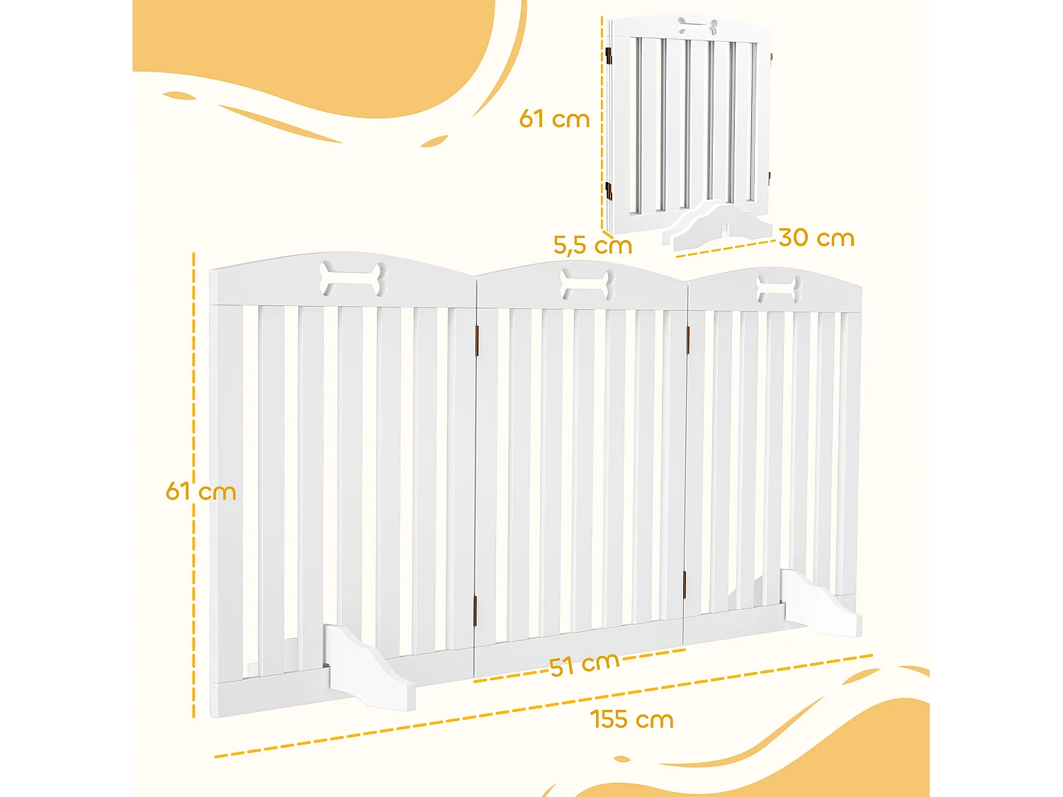 Barrière de sécurité chien pliable adaptable motif os - piètement support antidérapant - 155 x 30 x 61 cm - MDF blanc