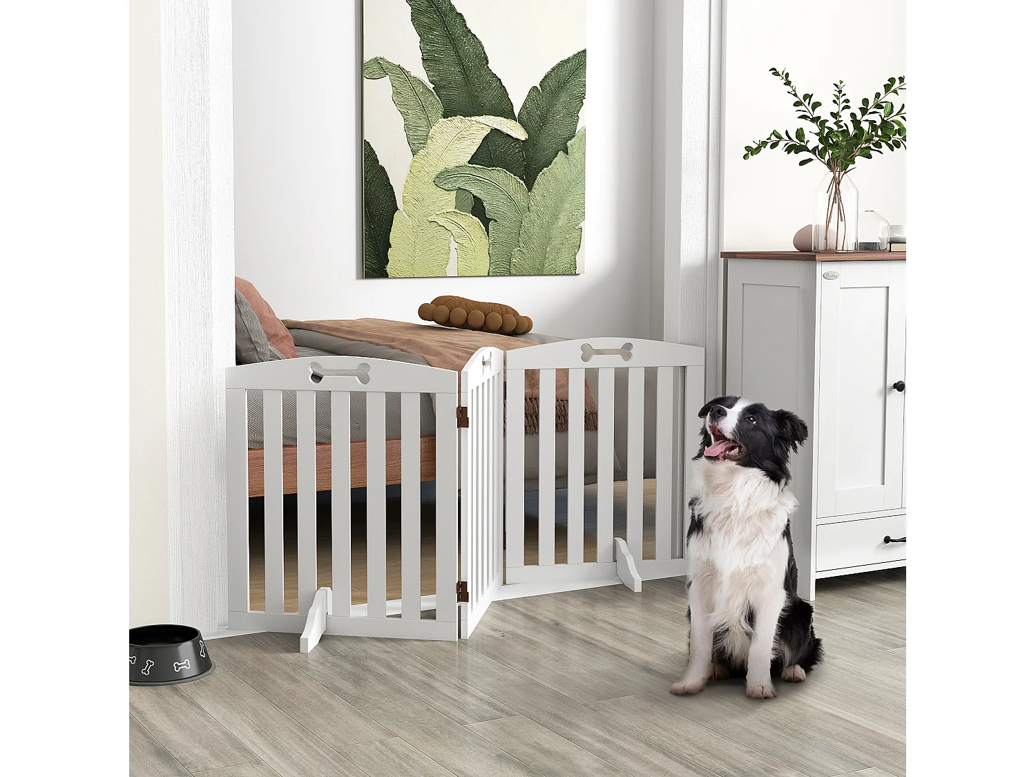 Barrière de sécurité chien pliable adaptable motif os - piètement support antidérapant - 155 x 30 x 61 cm - MDF blanc