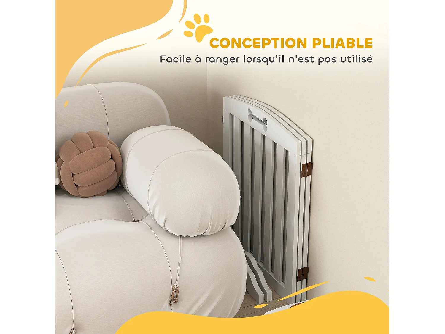 Barrière de sécurité chien pliable adaptable motif os - piètement support antidérapant - 155 x 30 x 61 cm - MDF blanc
