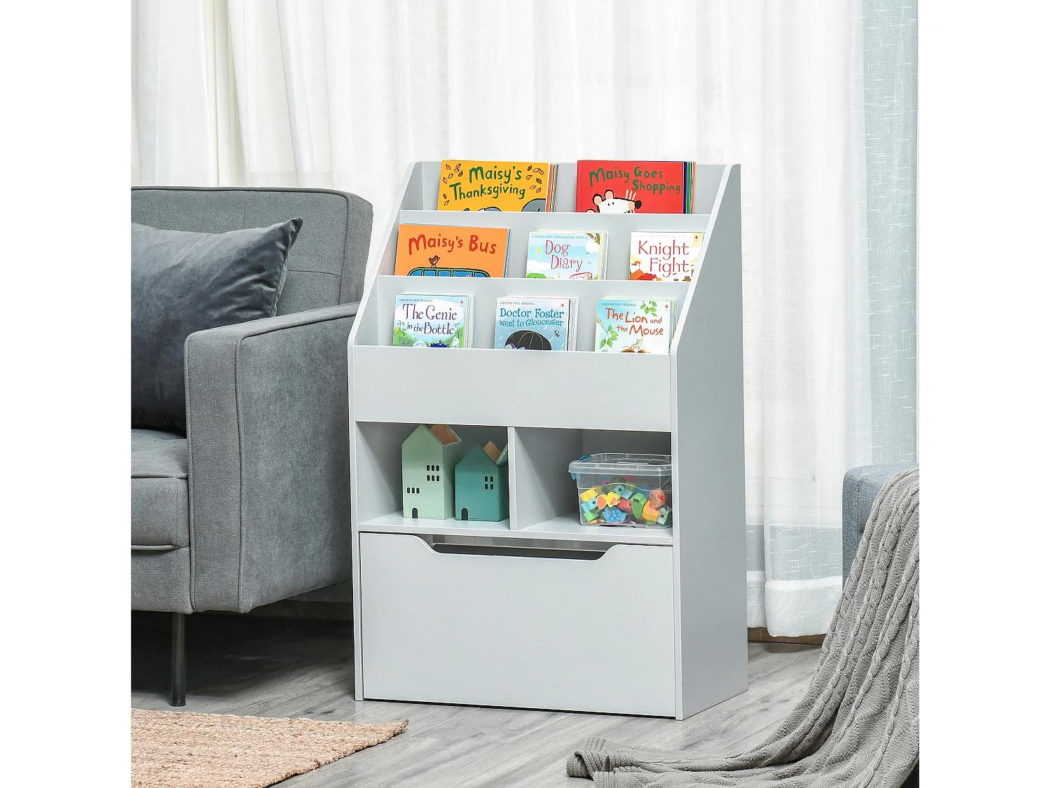 Bibliothèque étagère multi-rangement 3 étagères 2 niches grand tiroir MDF gris clair