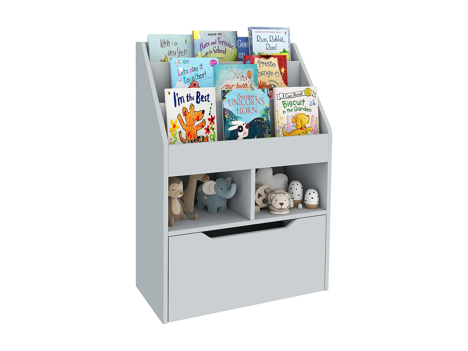 Bibliothèque étagère multi-rangement 3 étagères 2 niches grand tiroir MDF gris clair