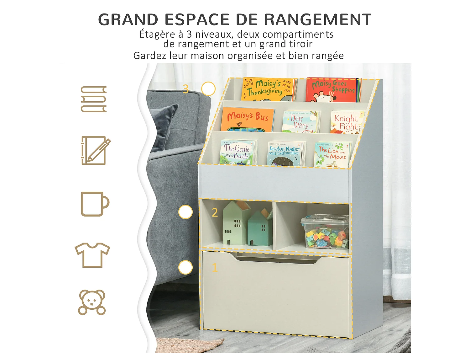 Bibliothèque étagère multi-rangement 3 étagères 2 niches grand tiroir MDF gris clair