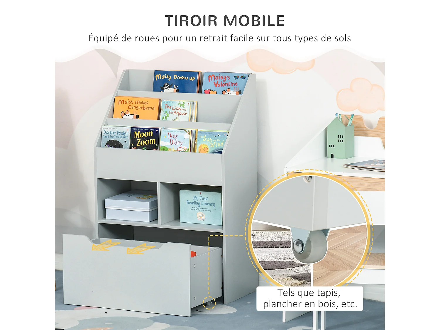 Bibliothèque étagère multi-rangement 3 étagères 2 niches grand tiroir MDF gris clair