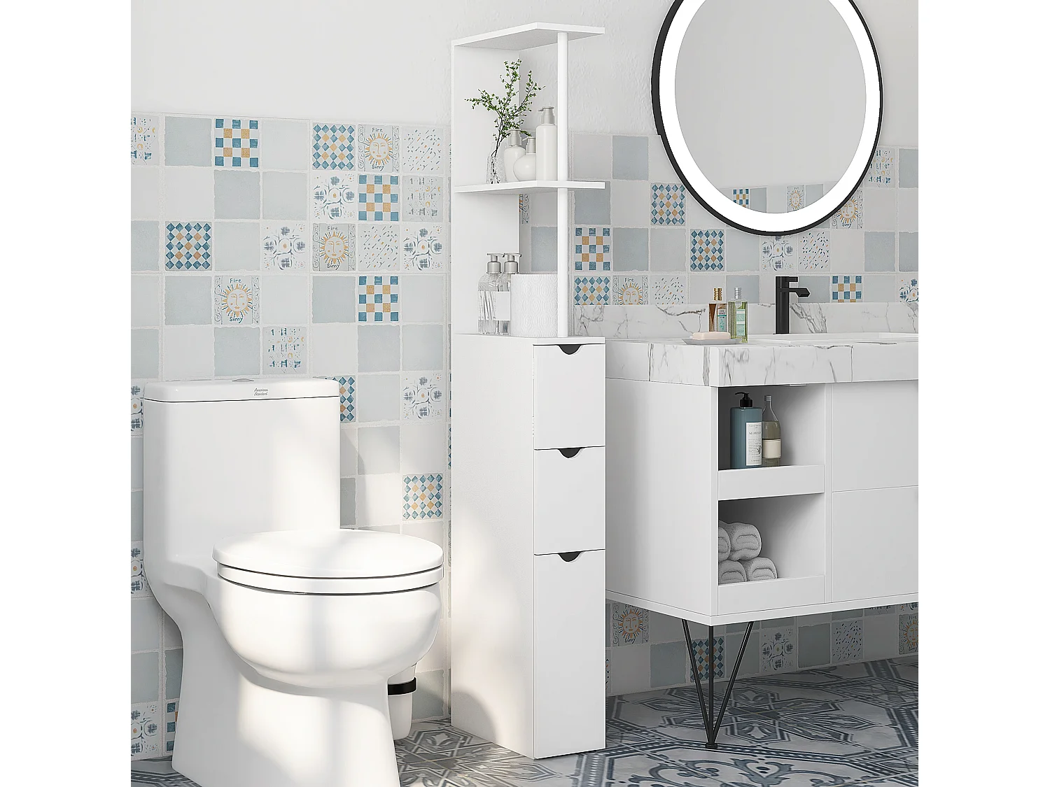 Colonne salle de bain style contemporain - 2 tiroirs, 2 étagères, porte - MDF métal blanc