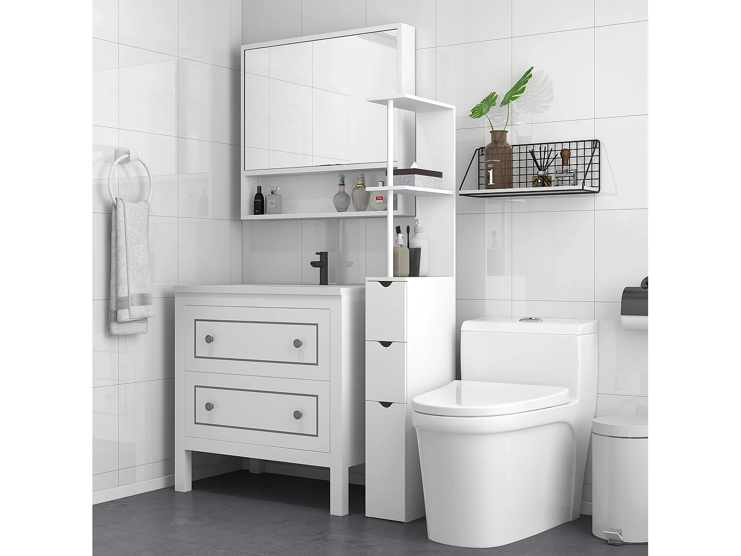 Colonne salle de bain style contemporain - 2 tiroirs, 2 étagères, porte - MDF métal blanc