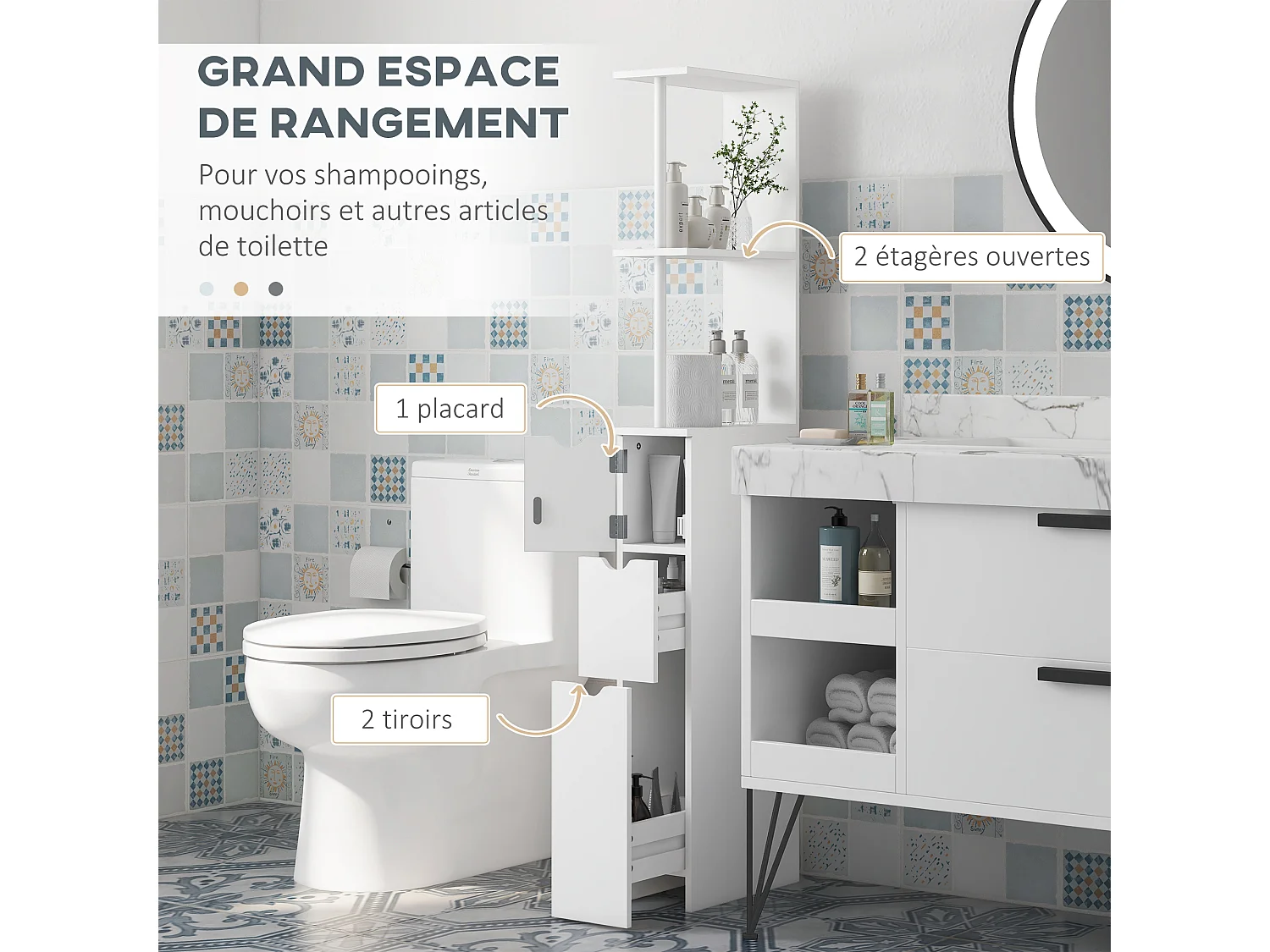 Colonne salle de bain style contemporain - 2 tiroirs, 2 étagères, porte - MDF métal blanc