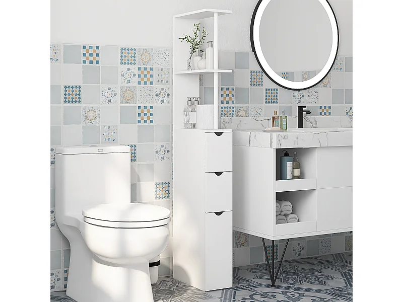 Colonne salle de bain style contemporain - 2 tiroirs, 2 étagères, porte - MDF métal blanc