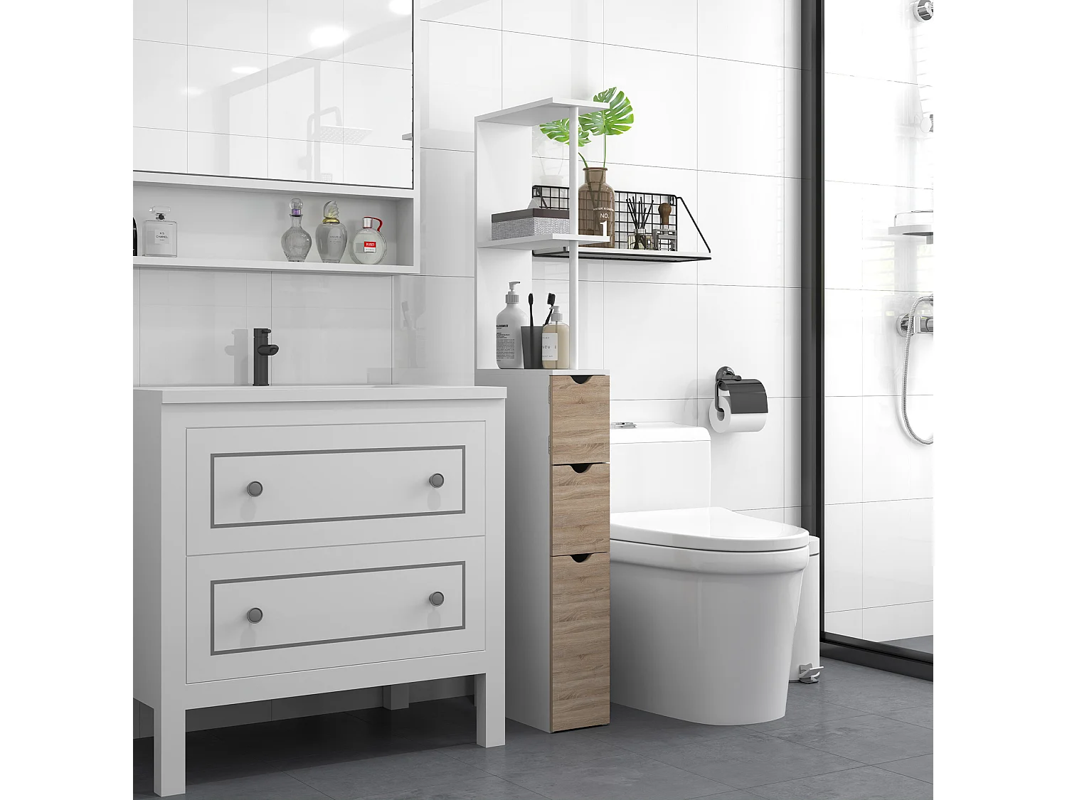 Colonne salle de bain style contemporain - 2 tiroirs, 2 étagères, porte - MDF métal blanc effet bois clair