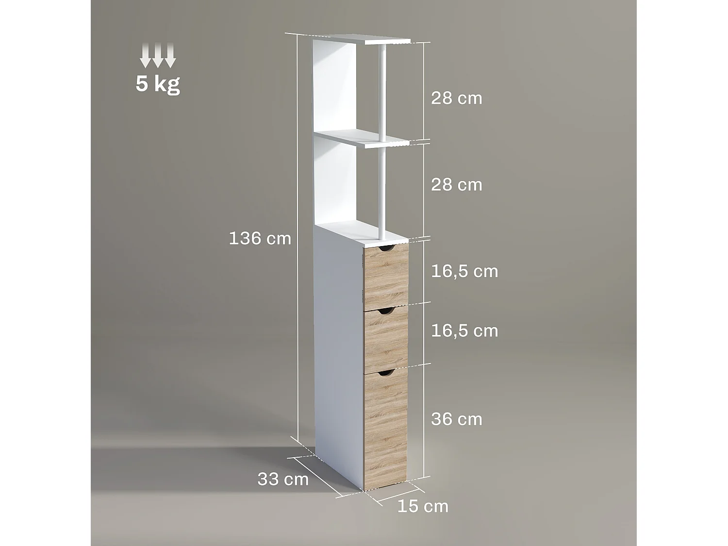 Colonne salle de bain style contemporain - 2 tiroirs, 2 étagères, porte - MDF métal blanc effet bois clair