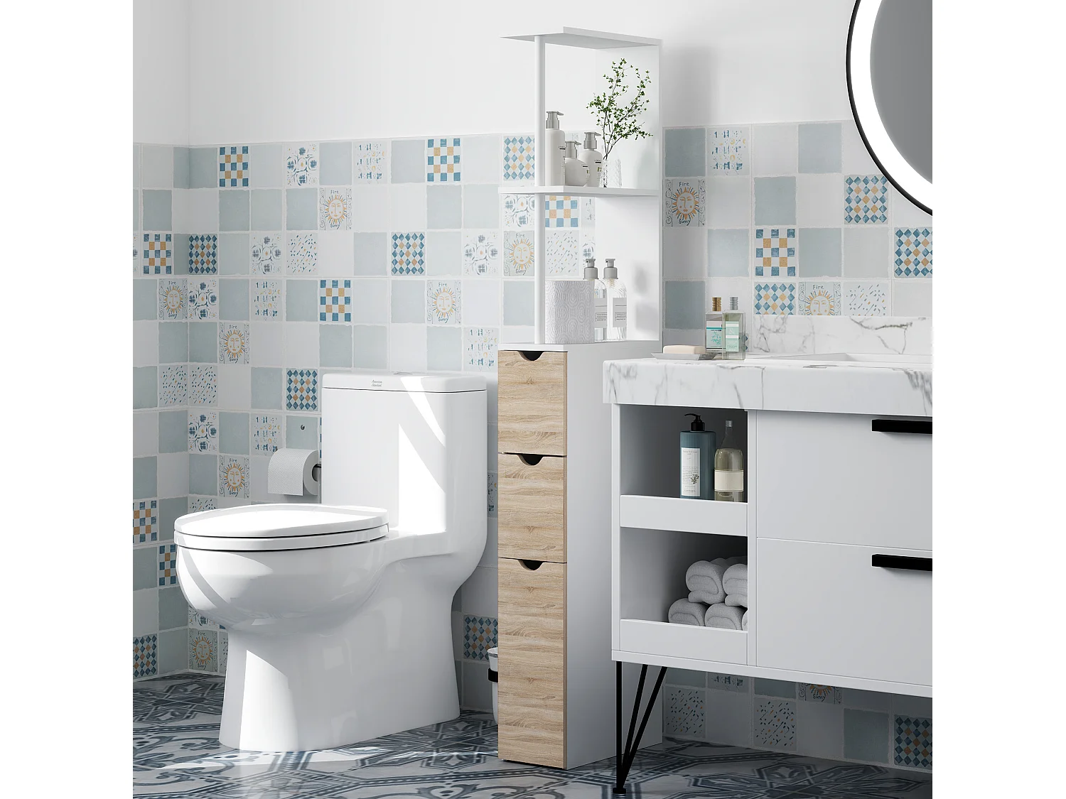 Colonne salle de bain style contemporain - 2 tiroirs, 2 étagères, porte - MDF métal blanc effet bois clair