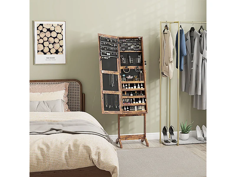 Armoire à bijoux sur pied multi-rangement avec miroir LED MDF effet bois vieilli