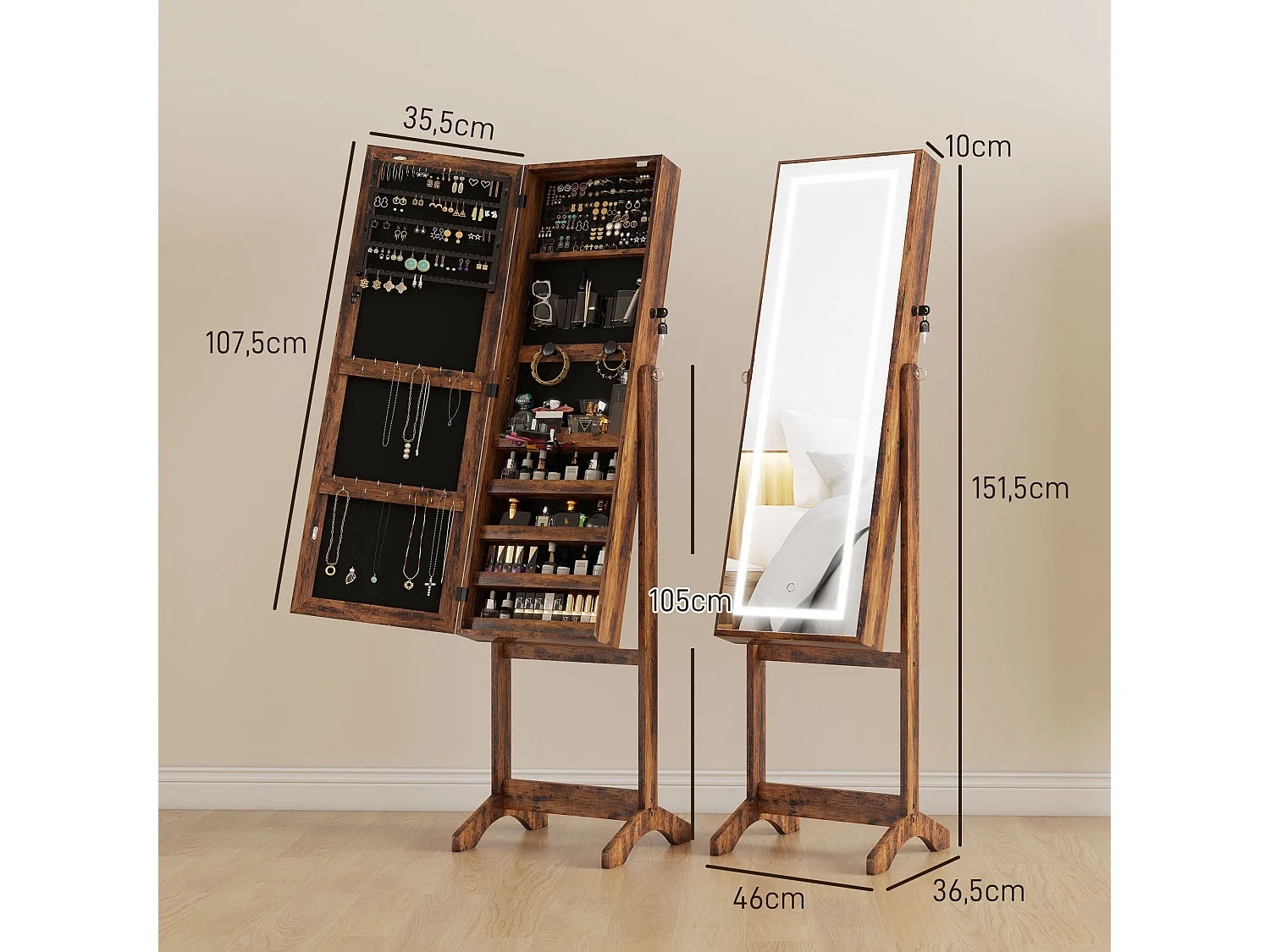 Armoire à bijoux sur pied multi-rangement avec miroir LED MDF effet bois vieilli