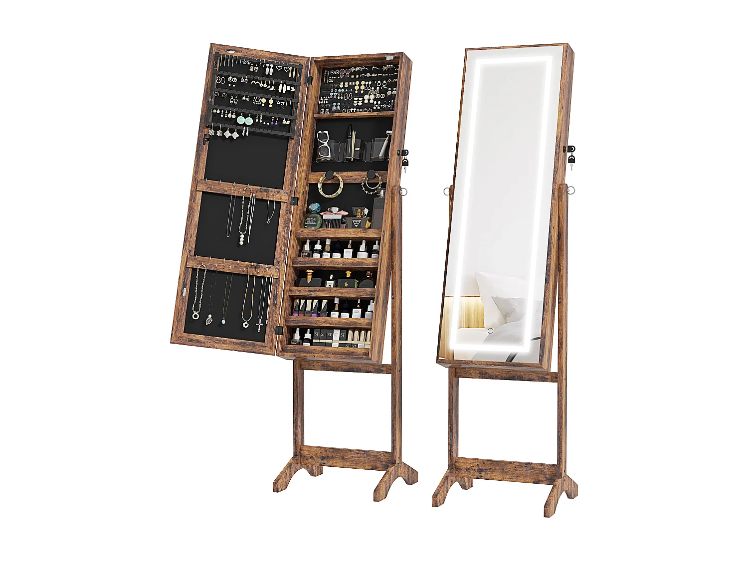 Armoire à bijoux sur pied multi-rangement avec miroir LED MDF effet bois vieilli