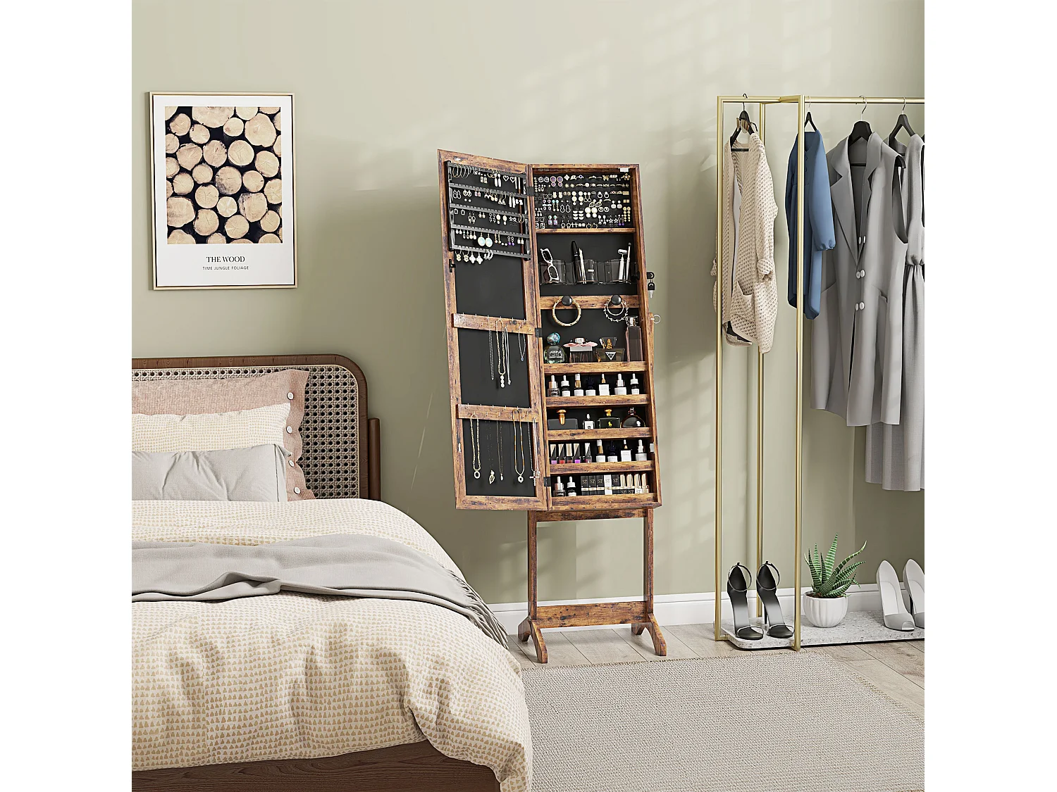 Armoire à bijoux sur pied multi-rangement avec miroir LED MDF effet bois vieilli