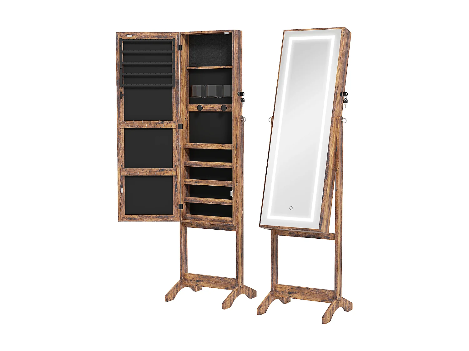 Armoire à bijoux sur pied multi-rangement avec miroir LED MDF effet bois vieilli