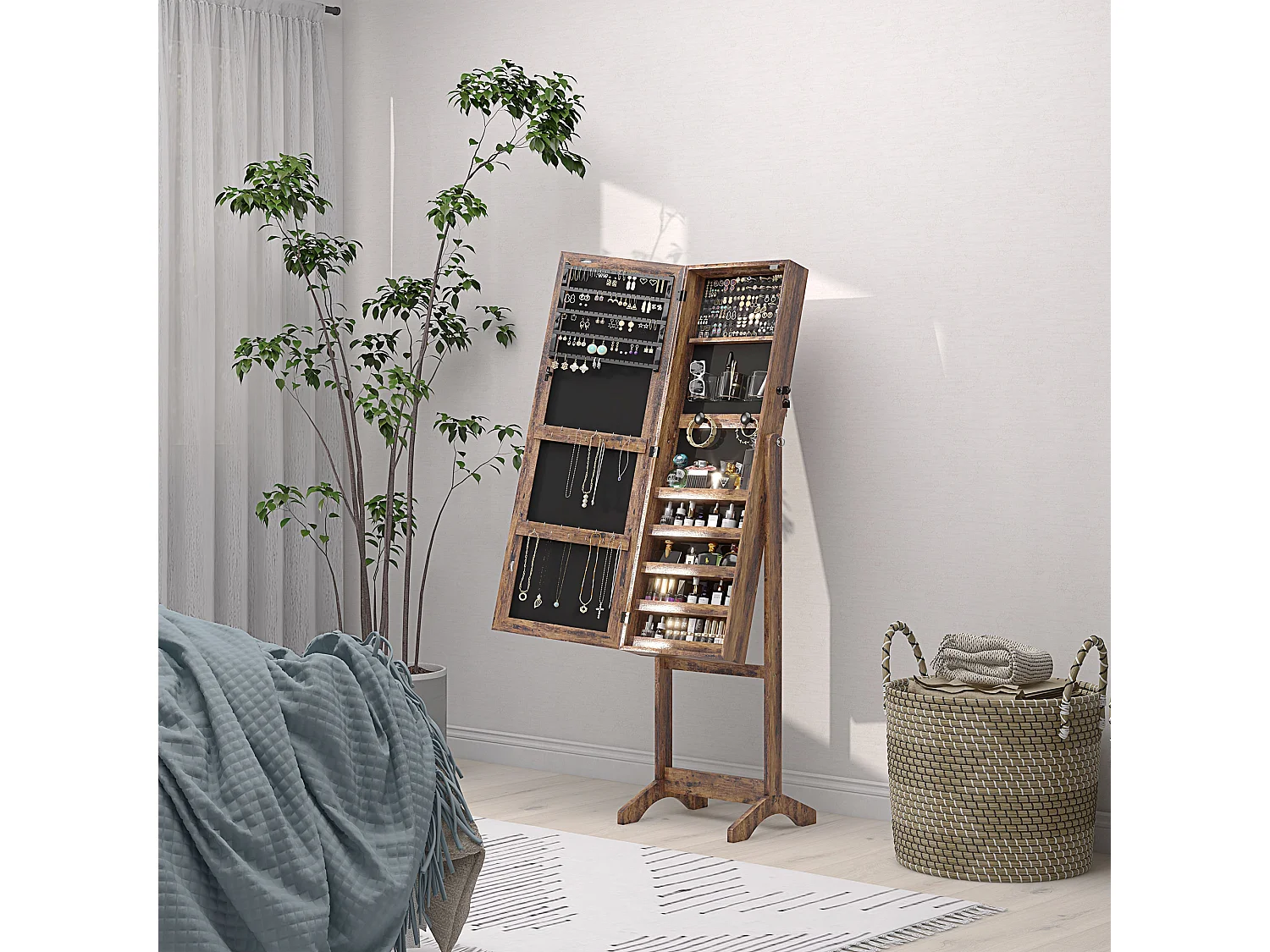 Armoire à bijoux sur pied multi-rangement avec miroir LED MDF effet bois vieilli