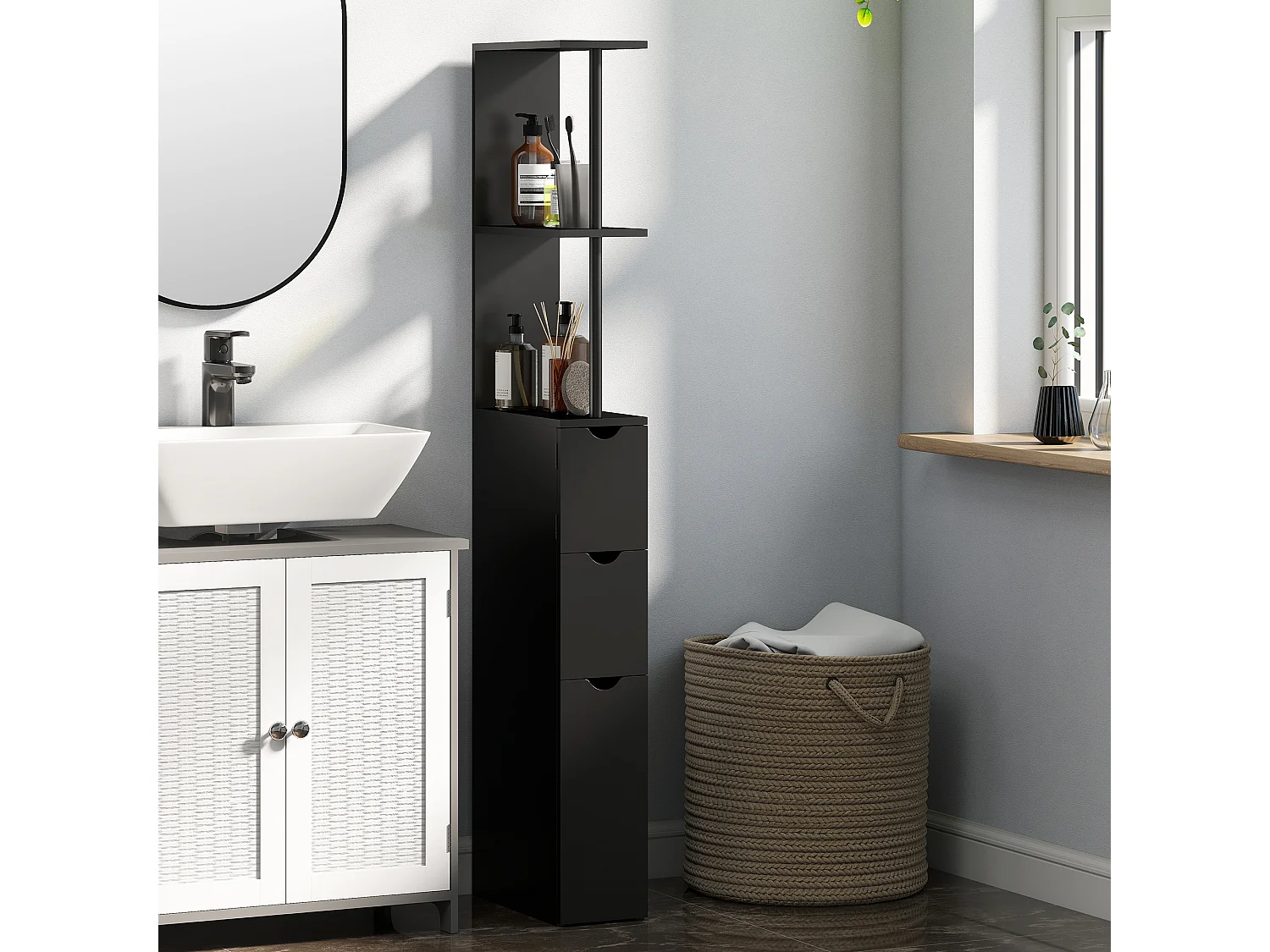 Colonne salle de bain style contemporain - 2 tiroirs, 2 étagères, porte - MDF métal noir