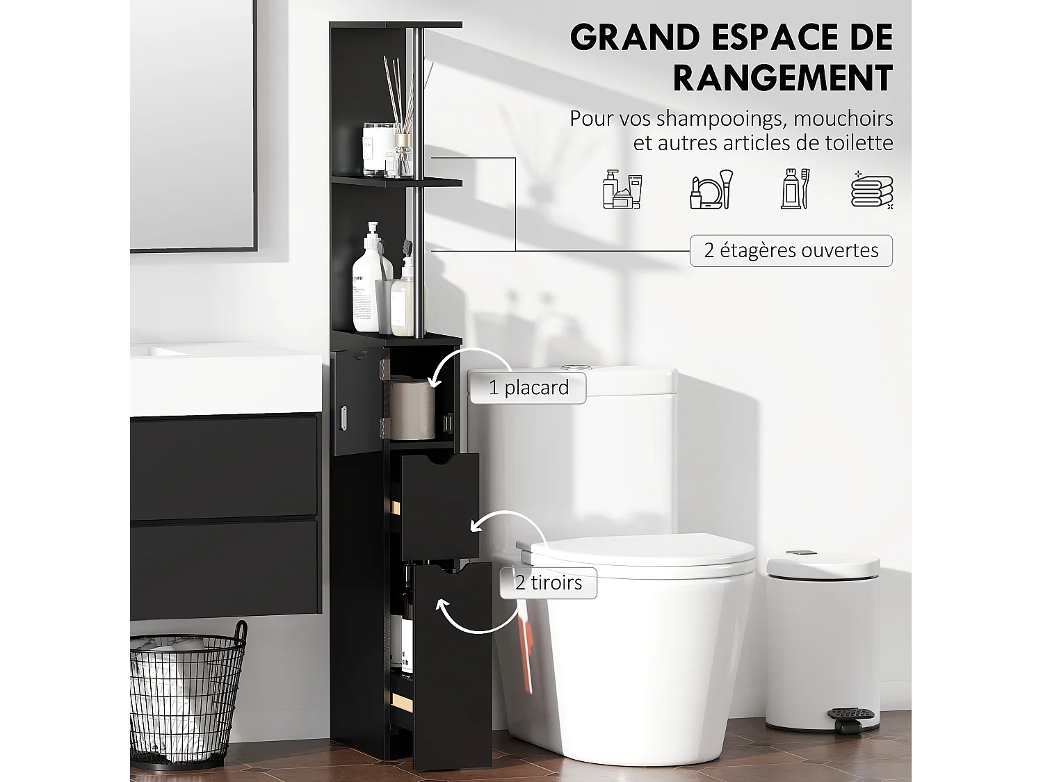 Colonne salle de bain style contemporain - 2 tiroirs, 2 étagères, porte - MDF métal noir