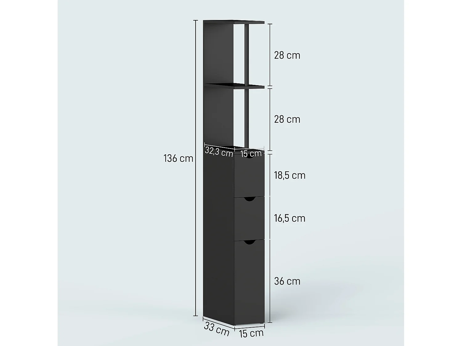 Colonne salle de bain style contemporain - 2 tiroirs, 2 étagères, porte - MDF métal noir