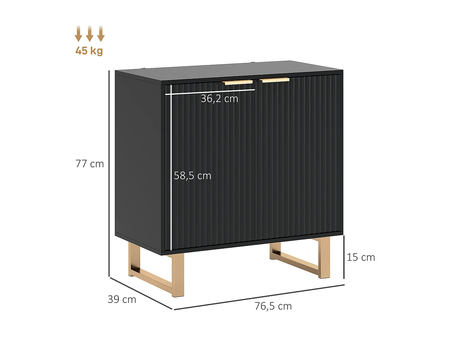 Buffet design contemporain 2 portes effet cannelé étagère piètement poignées métal doré MDF noir