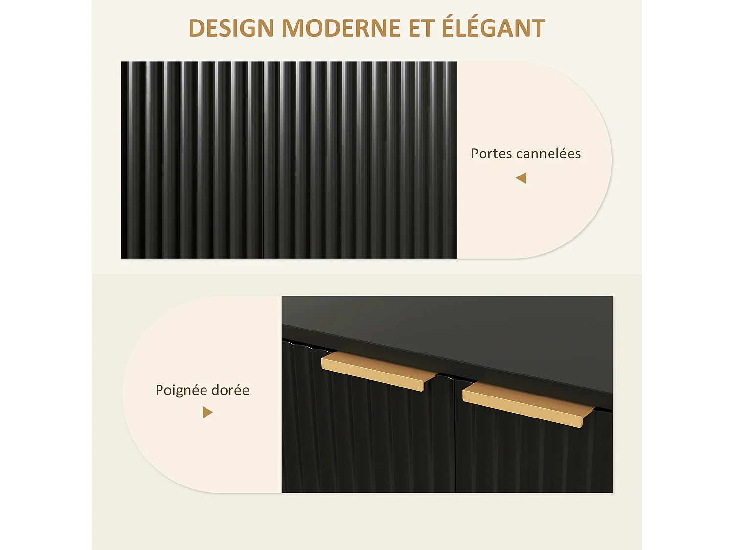 Buffet design contemporain 2 portes effet cannelé étagère piètement poignées métal doré MDF noir