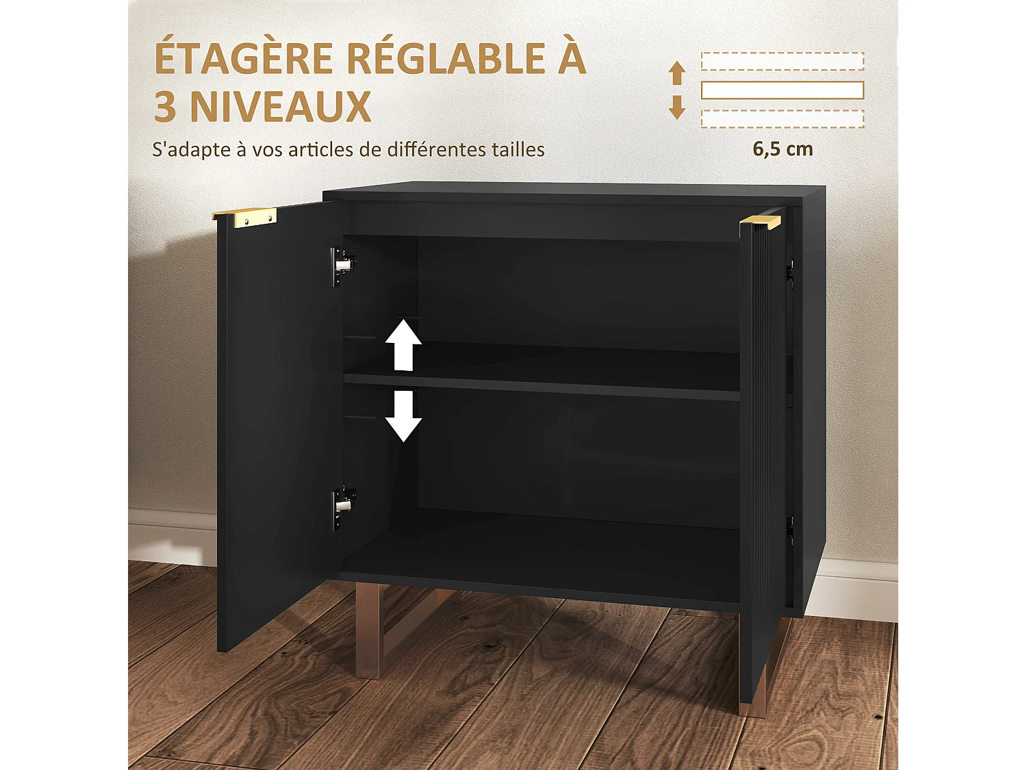 Buffet design contemporain 2 portes effet cannelé étagère piètement poignées métal doré MDF noir