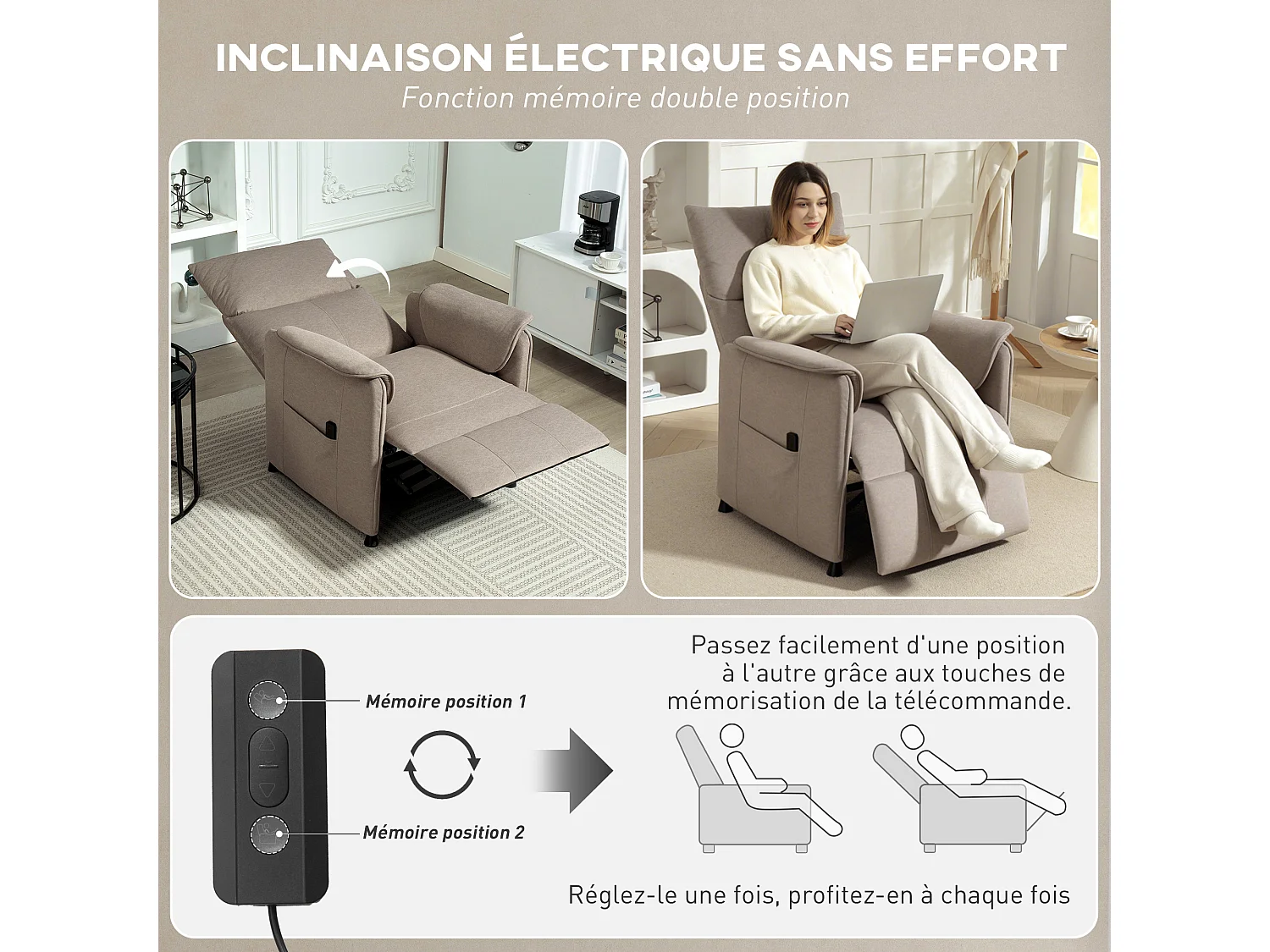 Fauteuil relax électrique inclinable repose-pieds rétractable télécommande velours marron