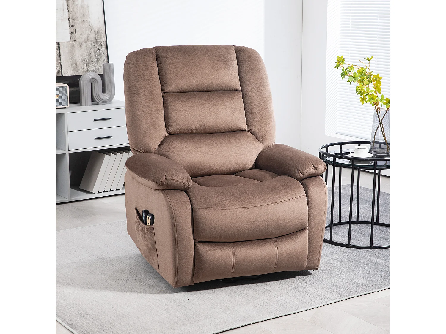 Fauteuil releveur massant chauffant inclinable repose-pied intégré effet velours marron
