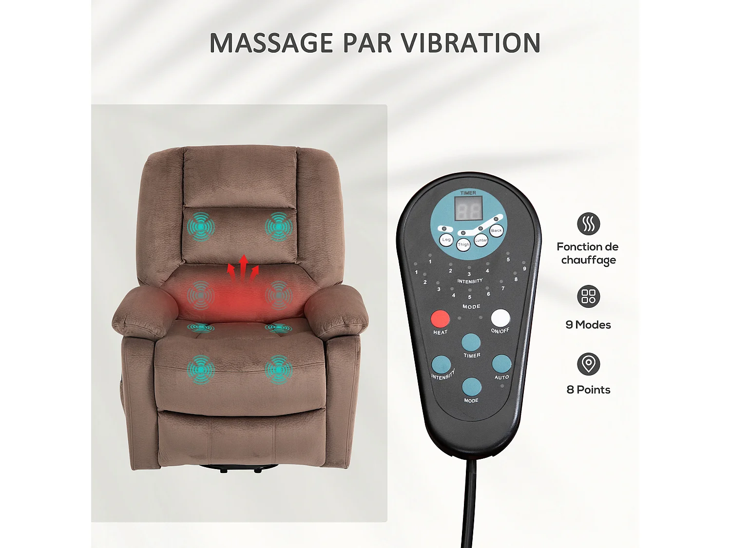 Fauteuil releveur massant chauffant inclinable repose-pied intégré effet velours marron
