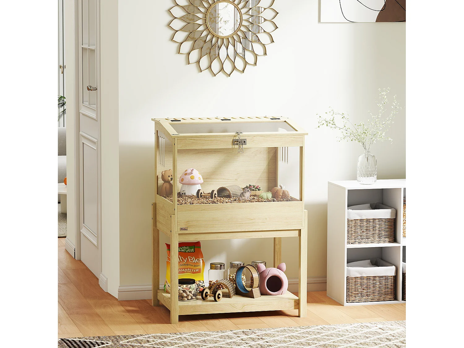 Cage à hamster rongeur en bois - toit ouvrant verrouillable, fenêtres acrylique, étagère - dim. 83 x 50 x 103 cm - MDF effet bois