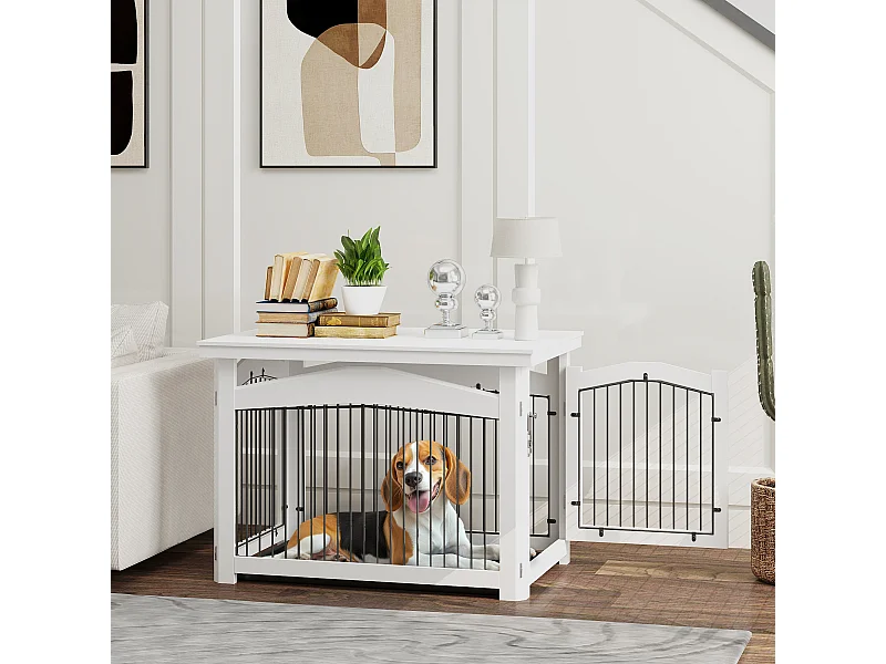 Cage barrière chien table basse d'appoint 3 en 1 plateau déjection amovible porte verrouillable acier MDF noir blanc