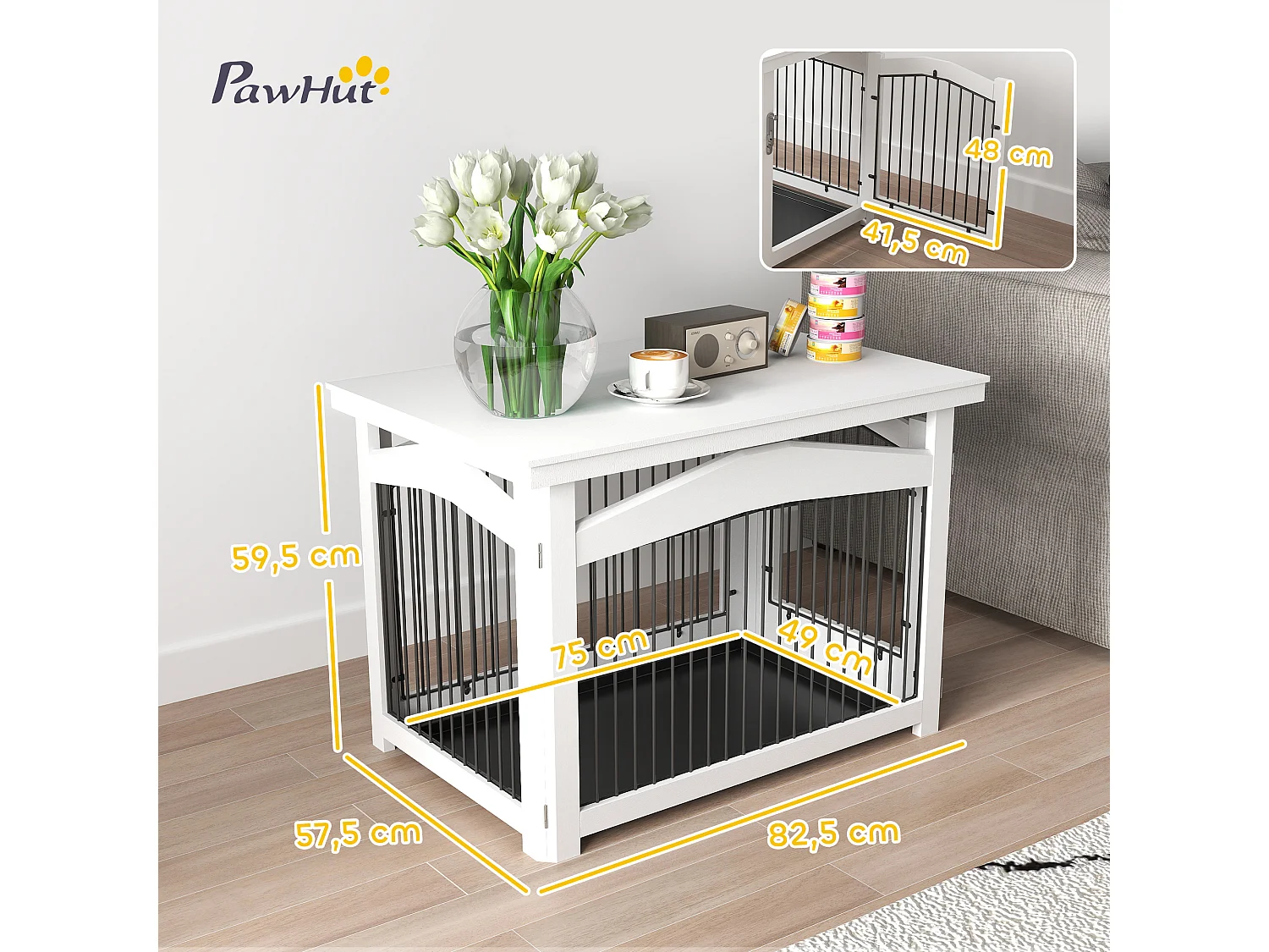 Cage barrière chien table basse d'appoint 3 en 1 plateau déjection amovible porte verrouillable acier MDF noir blanc