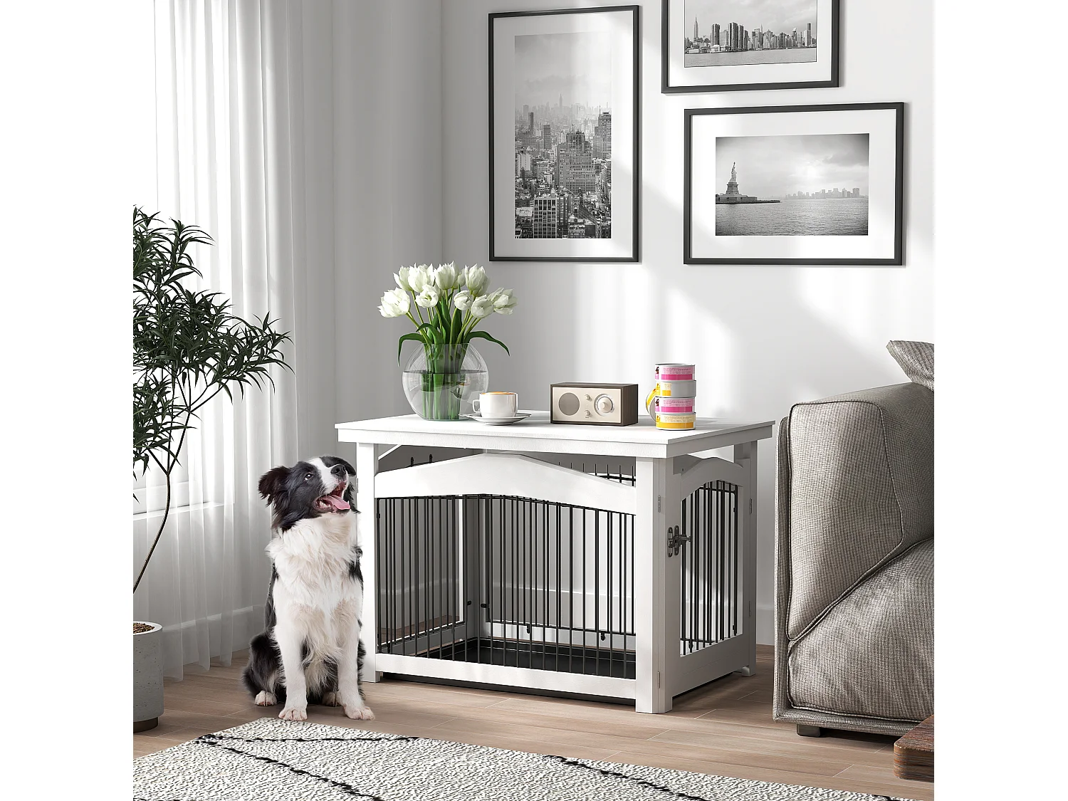 Cage barrière chien table basse d'appoint 3 en 1 plateau déjection amovible porte verrouillable acier MDF noir blanc