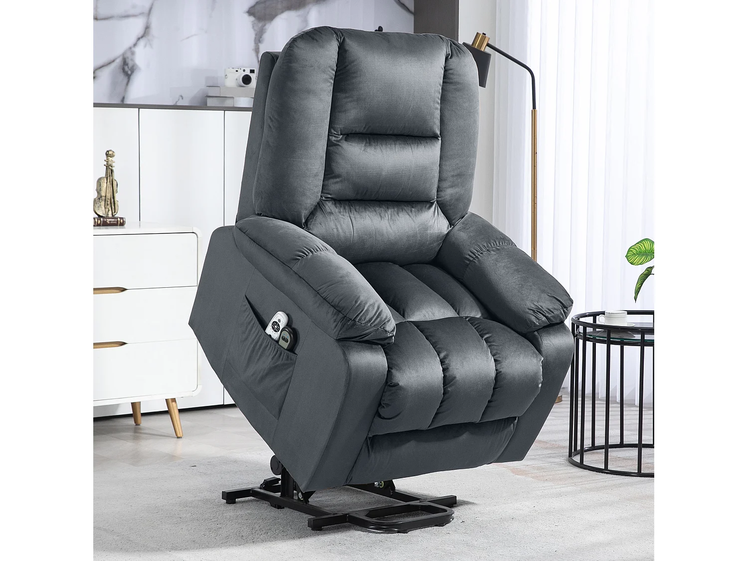 Fauteuil releveur massant chauffant 2 télécommandes velours gris