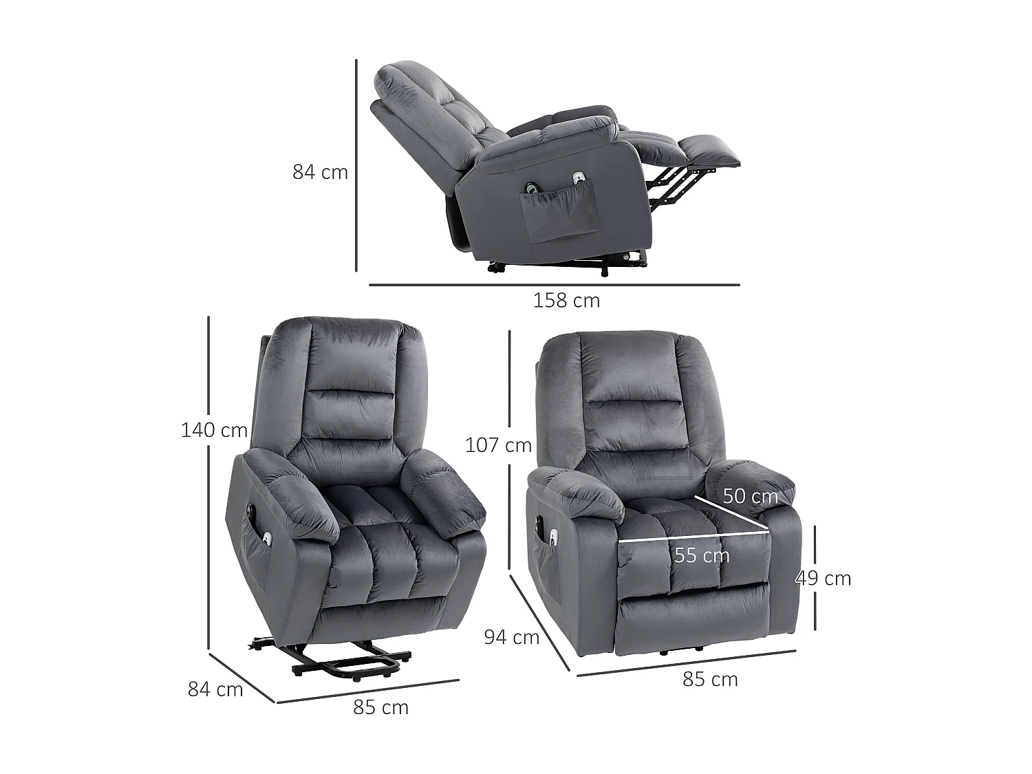 Fauteuil releveur massant chauffant 2 télécommandes velours gris