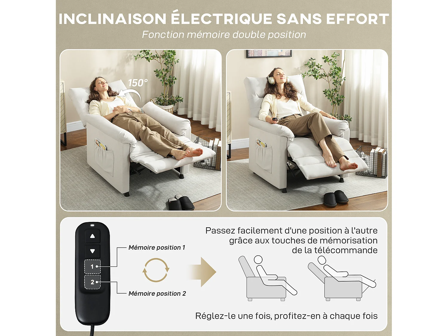 Fauteuil massant chauffant inclinable poches rangement port USB intégré velours grège