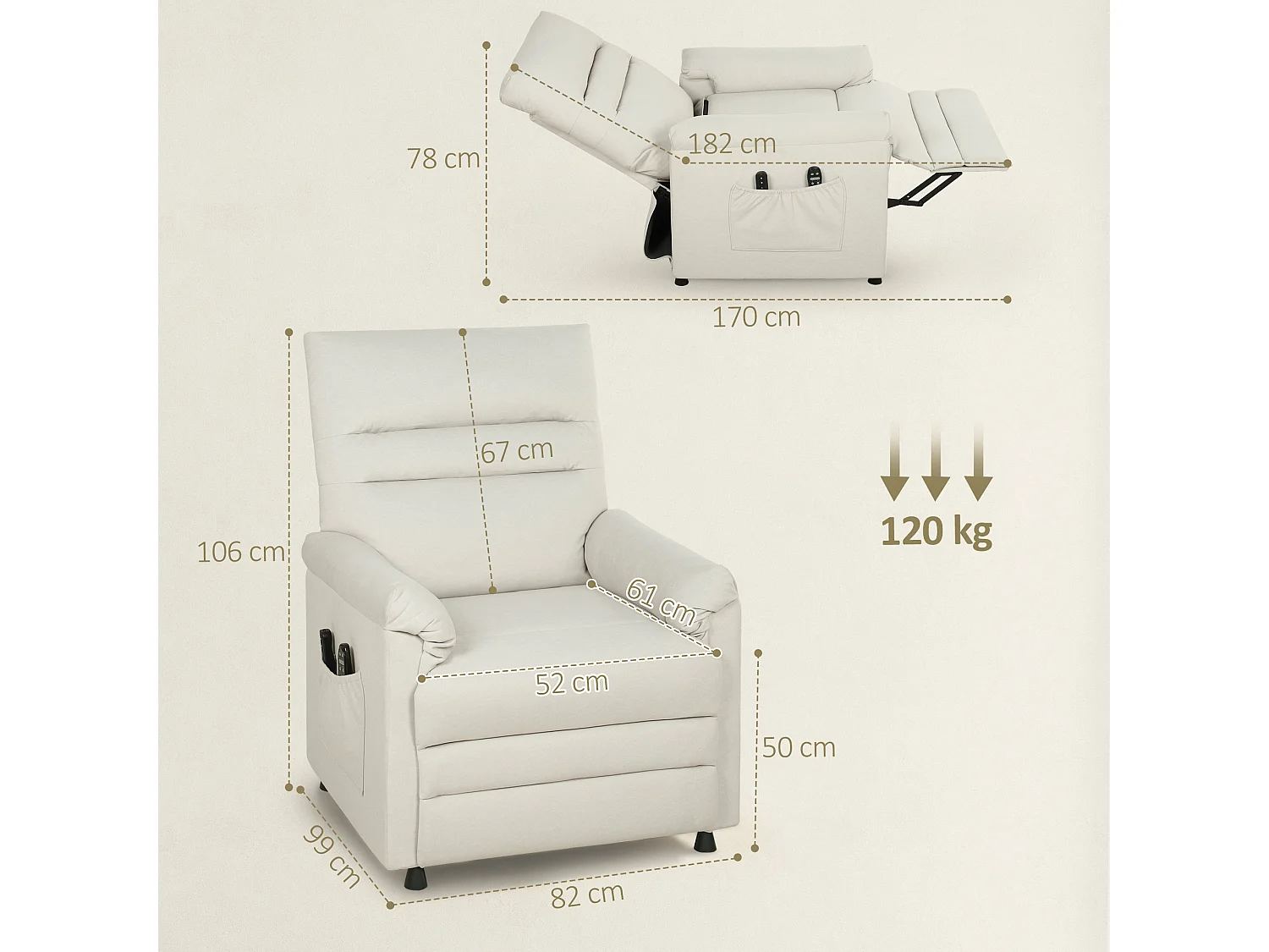 Fauteuil massant chauffant inclinable poches rangement port USB intégré velours grège