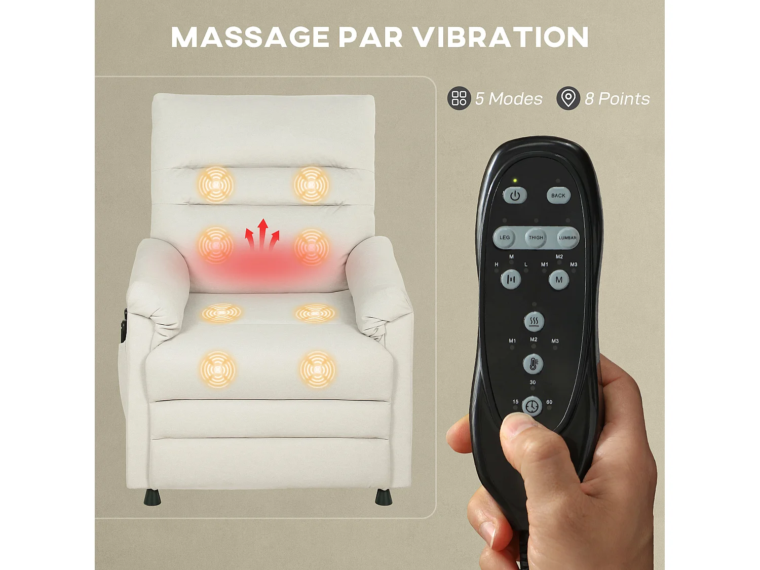 Fauteuil massant chauffant inclinable poches rangement port USB intégré velours grège