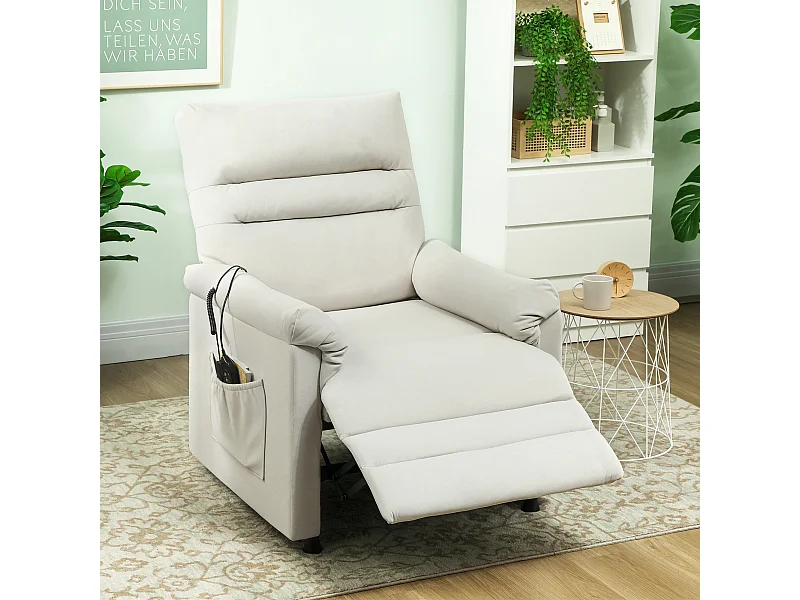 Fauteuil massant chauffant inclinable poches rangement port USB intégré velours grège