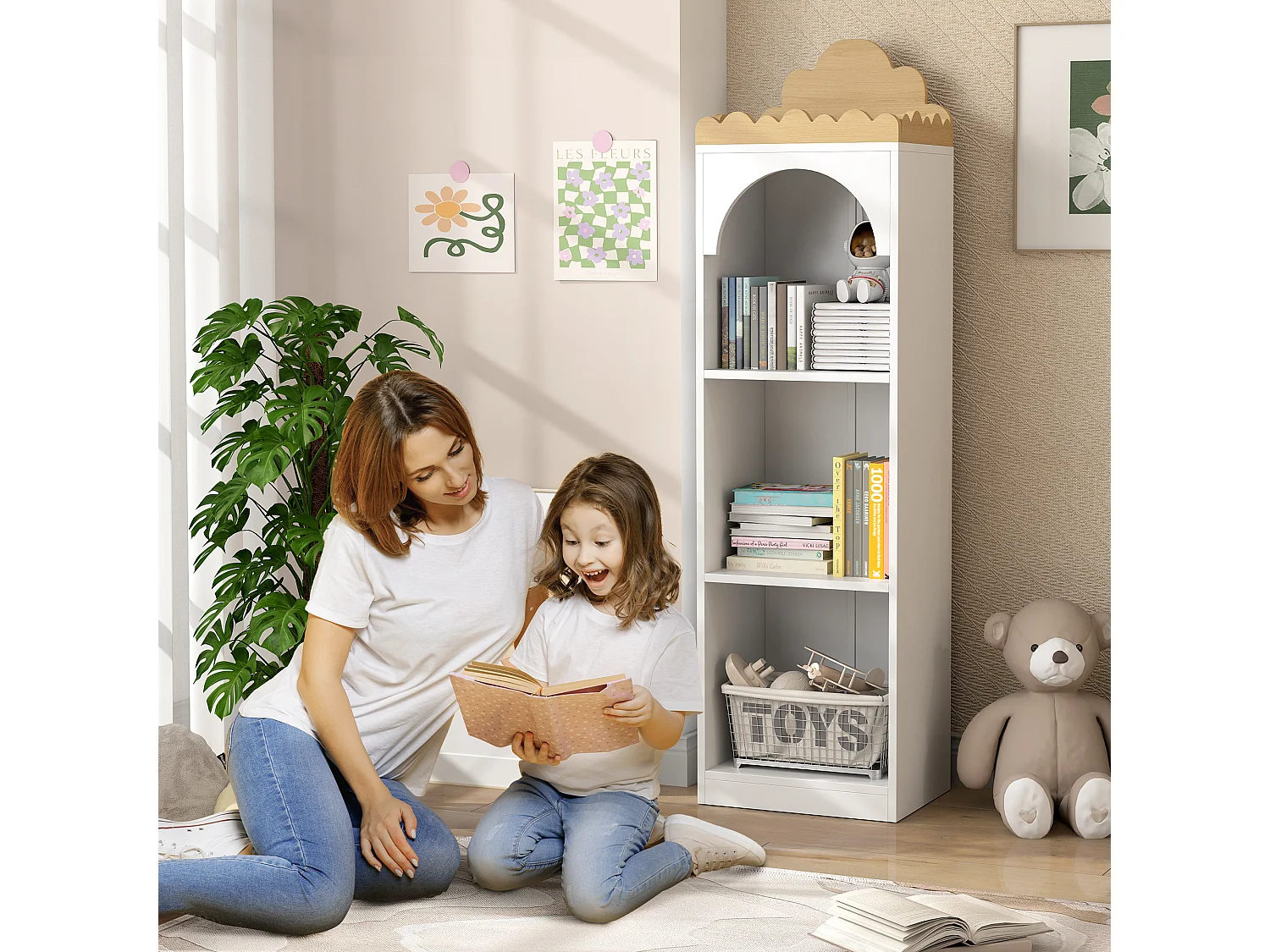 Bibliothèque enfant design nuage - 4 niveaux rangement - bois de pin MDF blanc