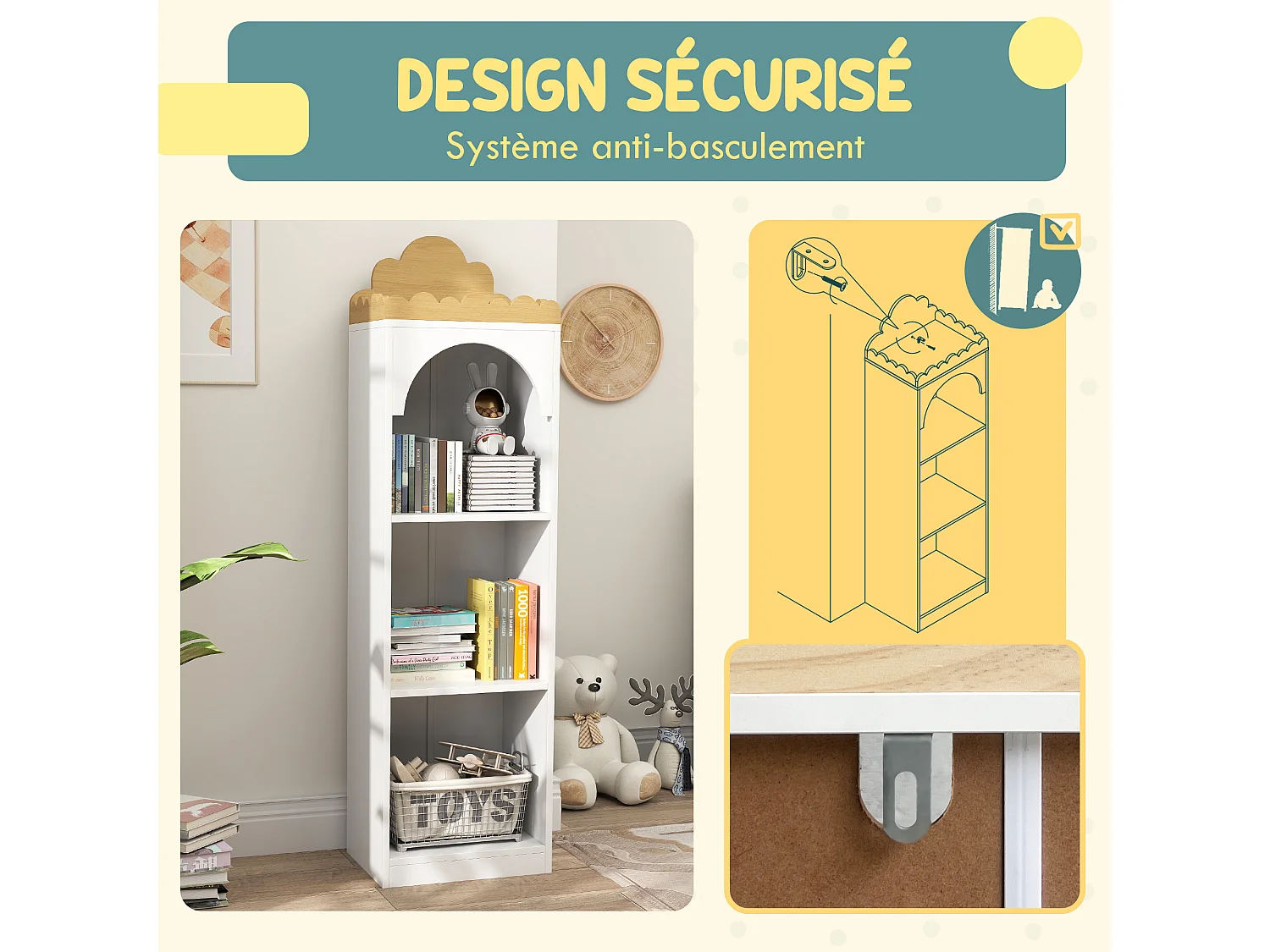 Bibliothèque enfant design nuage - 4 niveaux rangement - bois de pin MDF blanc