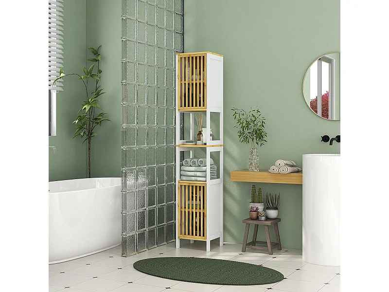 Meuble colonne salle de bain 2 portes 4 étagères MDF blanc bambou verni