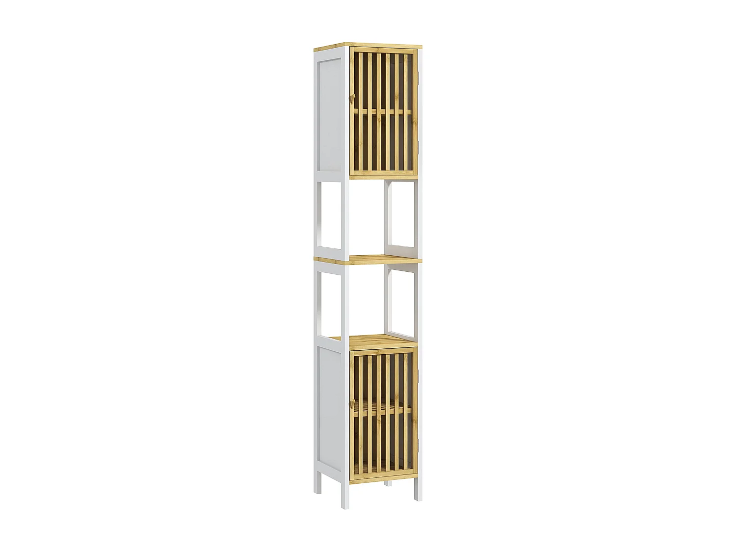Meuble colonne salle de bain 2 portes 4 étagères MDF blanc bambou verni