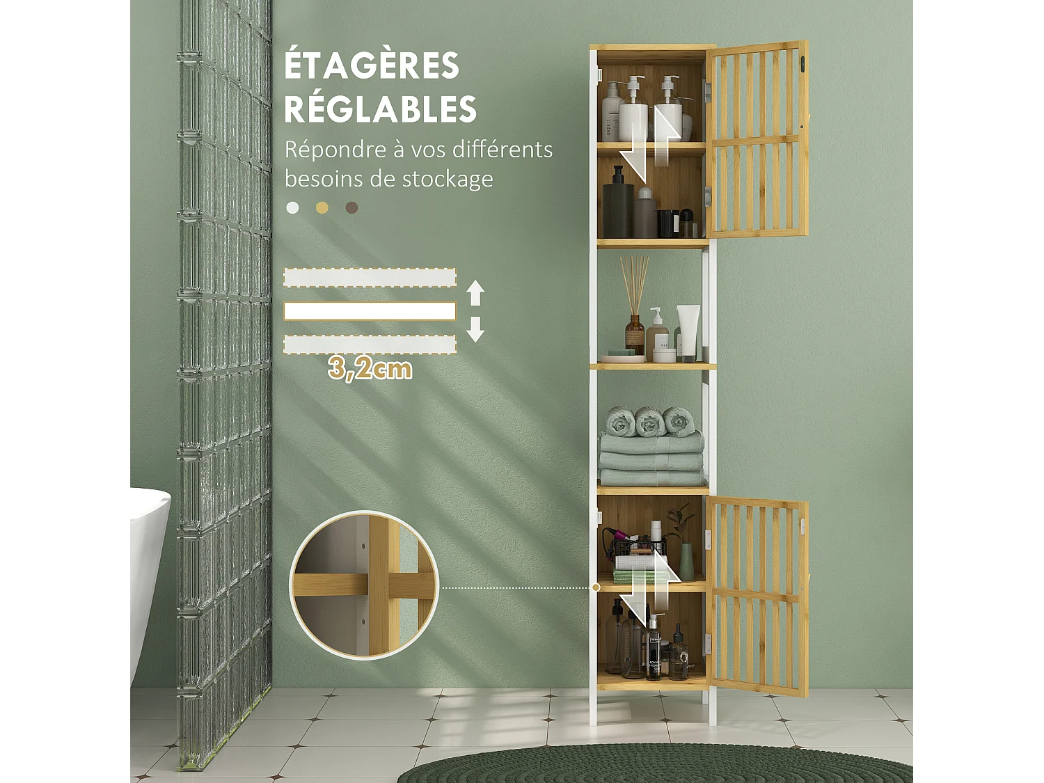 Meuble colonne salle de bain 2 portes 4 étagères MDF blanc bambou verni